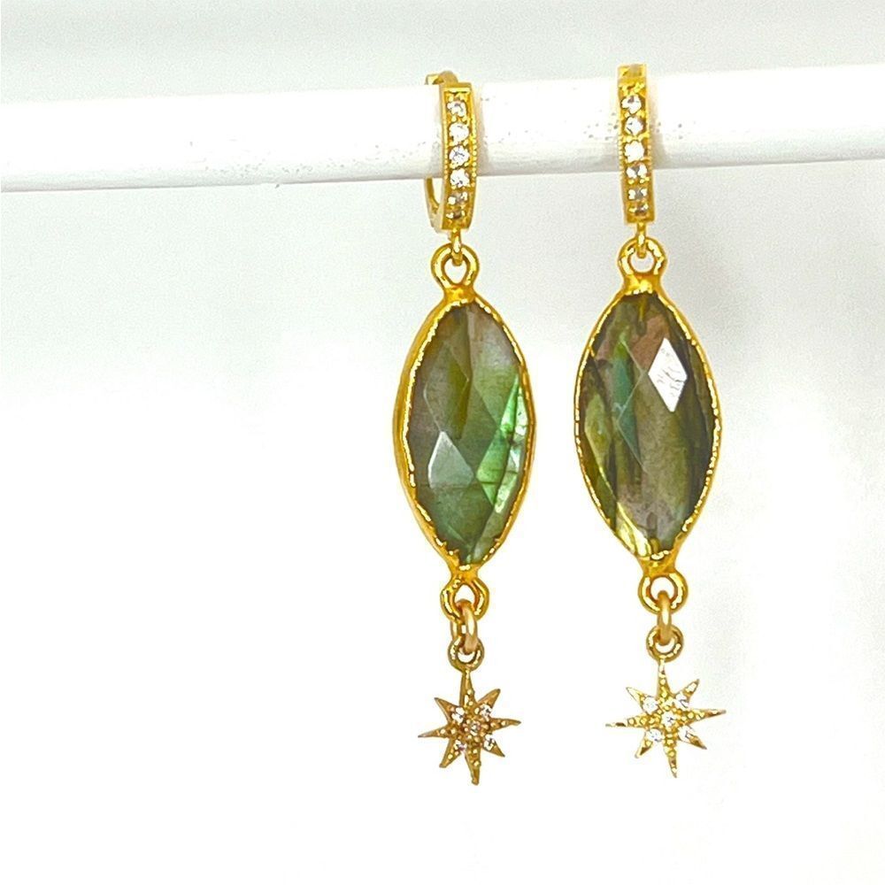New genuine gemstone labradorite womens earrings with star charm on huggie hoops